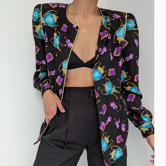 Vintage Ornate Printed Silk Cocktail Blouse Top Long Sleeve Novelty Women Size 2 - Picture 3 of 10